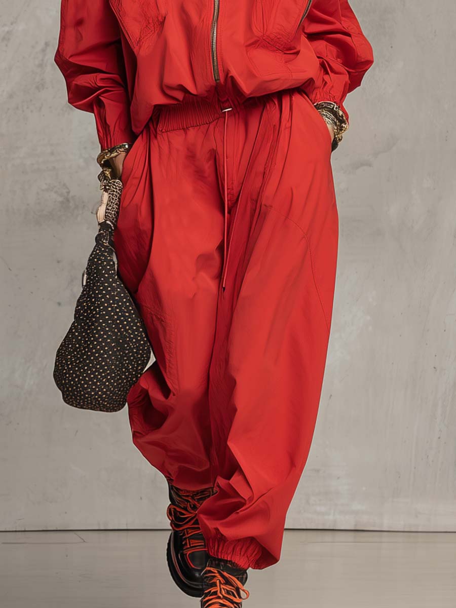 Exquisite Casual Sporty Front Zipper Waist Drawstring Red Nylon Jumpsuit