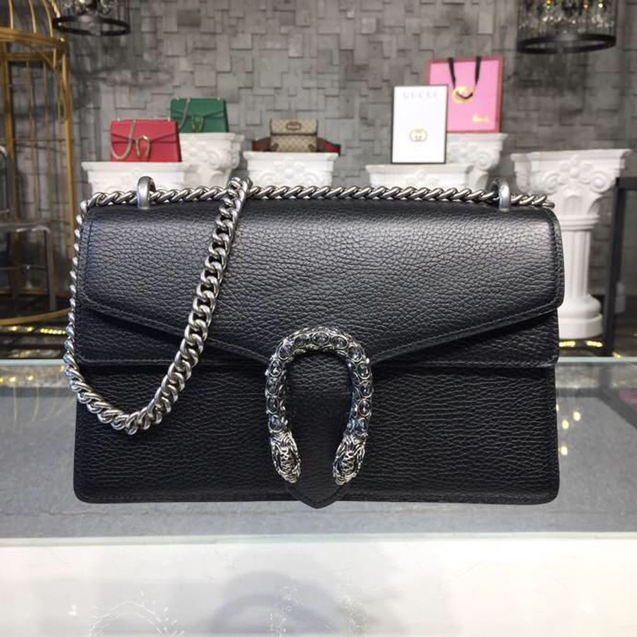gg Dionysus Shoulder Bag Black Metal-Free Tanned For Women 11in/28cm gg 400249 CAOGN 8176
