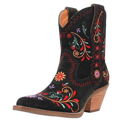 Almond Toe Colorful Floral Embroidered Cowgirl Boots in Black