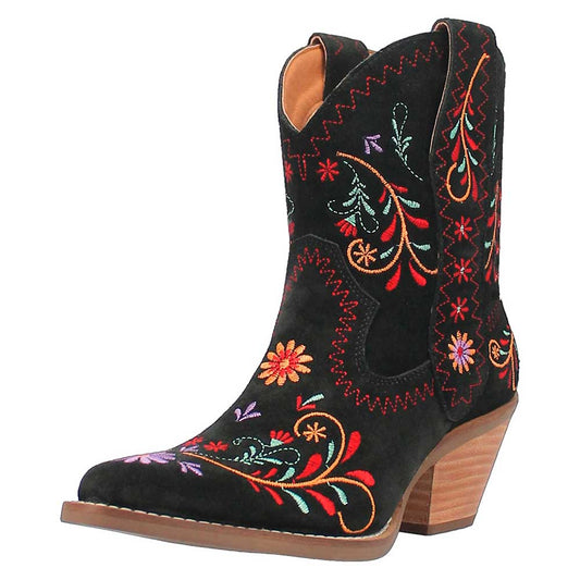 Almond Toe Colorful Floral Embroidered Cowgirl Boots in Black