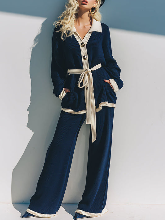 Fashionable Lazy Style White Contrasting Edge Navy Blue Knitted Cardigan Wide-leg Pants Set
