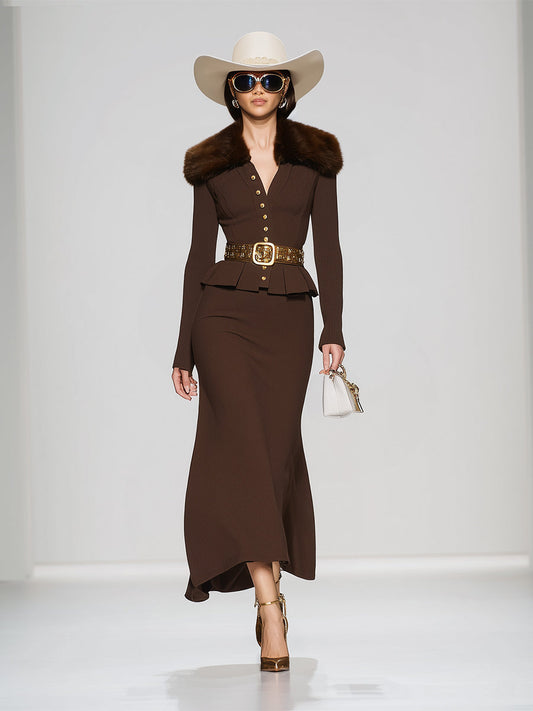 Fashionable Brown Button-down Jacket And Skirt Suit