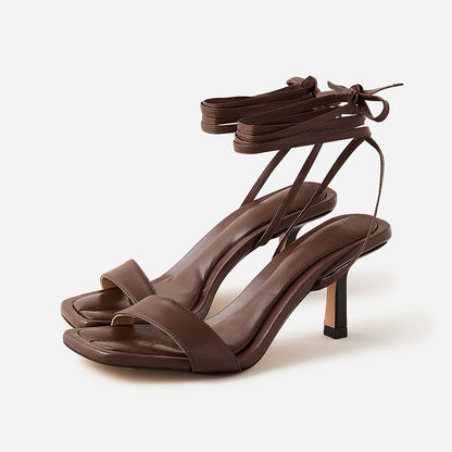 Dark Brown Vegan Leather Square-Toe Kitten Heel Lace Up Sandals