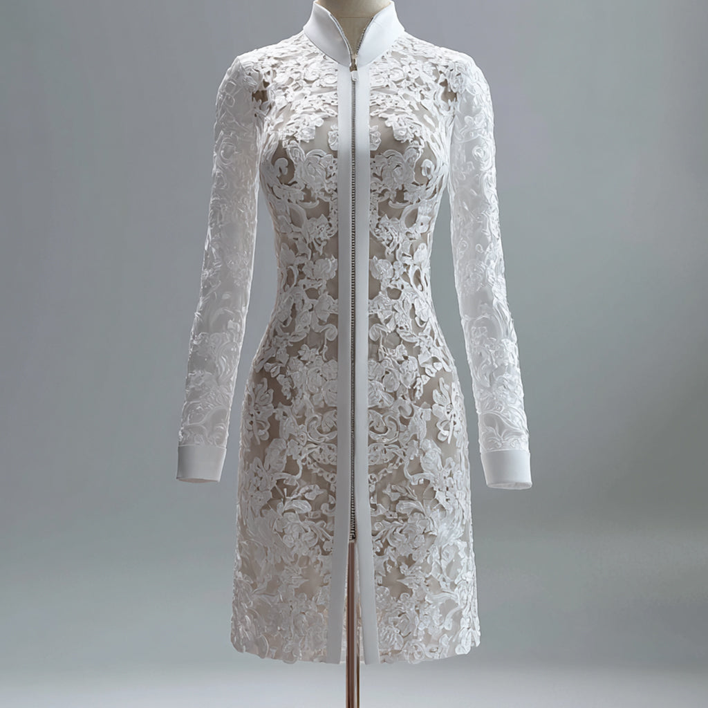 Ursime Lace Mandarin Collar Zipper Long Sleeve Sheath Midi Dress