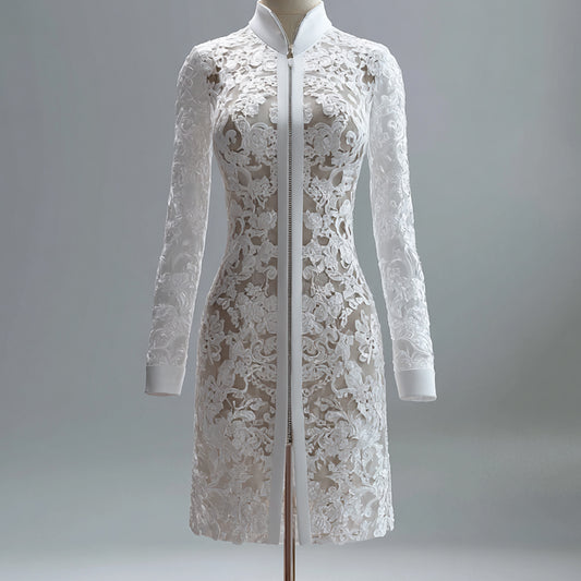 Ursime Lace Mandarin Collar Zipper Long Sleeve Sheath Midi Dress