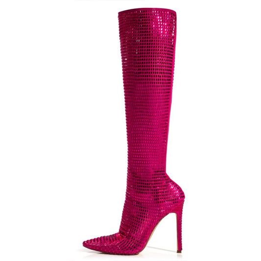 Fuchsia Pointed Toe Rhinestone Embellished Stiletto Stretch Boots