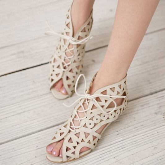 Beige Open Toe Wedge Heel Cut Out Lace Up Sandals