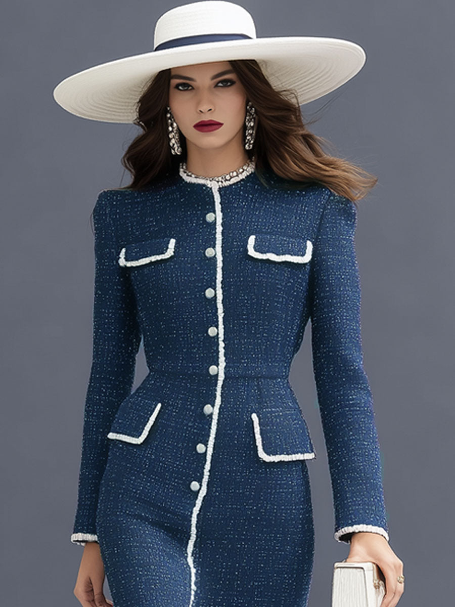 Elegant Textured Fabric Multi-pocket Round Neck Long-sleeved Midi Dress