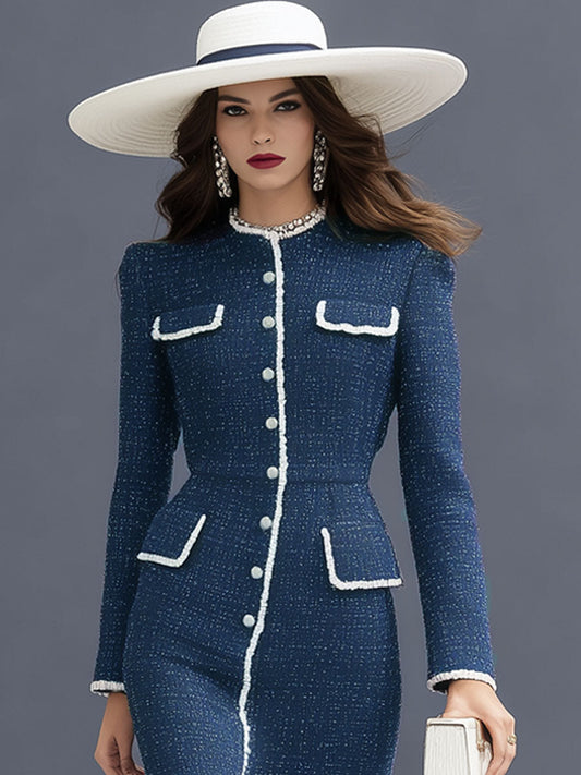 Elegant Textured Fabric Multi-pocket Round Neck Long-sleeved Midi Dress