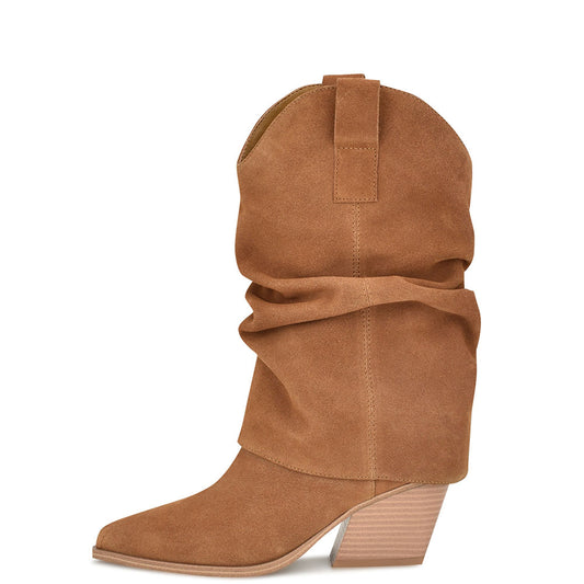 Fashion Tan Pointed Toe Fold Over Ankle Boots with Chunky Heel