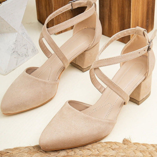 Beige Almond Toe Block Heel Buckle Criss-Cross Strap Pumps for Women