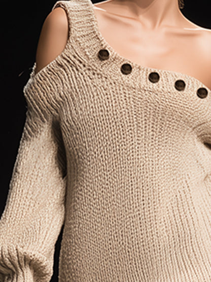 Elegant Silhouette Khaki One-shoulder Knitted Long-sleeved Mini Dress