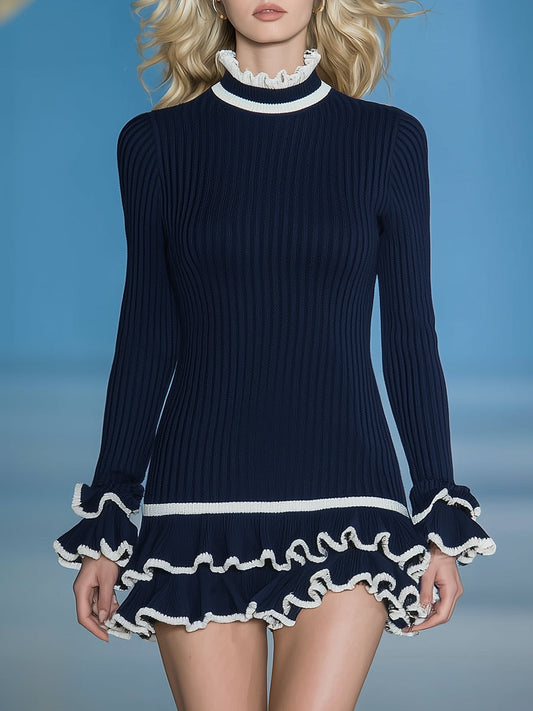 Fashionable Ruffle Hem Funnel Collar Long Sleeve Navy Blue Knitted Mini Dress
