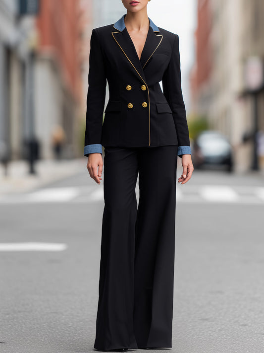 Denim Contrast Double-Breasted Blazer And Wide-Leg Trouser Set