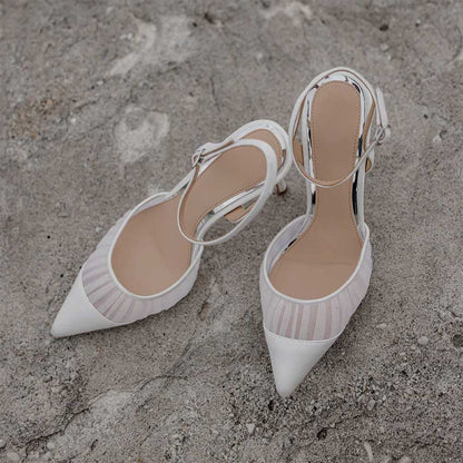 Elegant White Mesh & Satin Pointed Toe Pumps Shoes with Ankle Strap