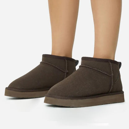 Dark Brown Round Toe Furry Lining Flat Women's Snow Boots