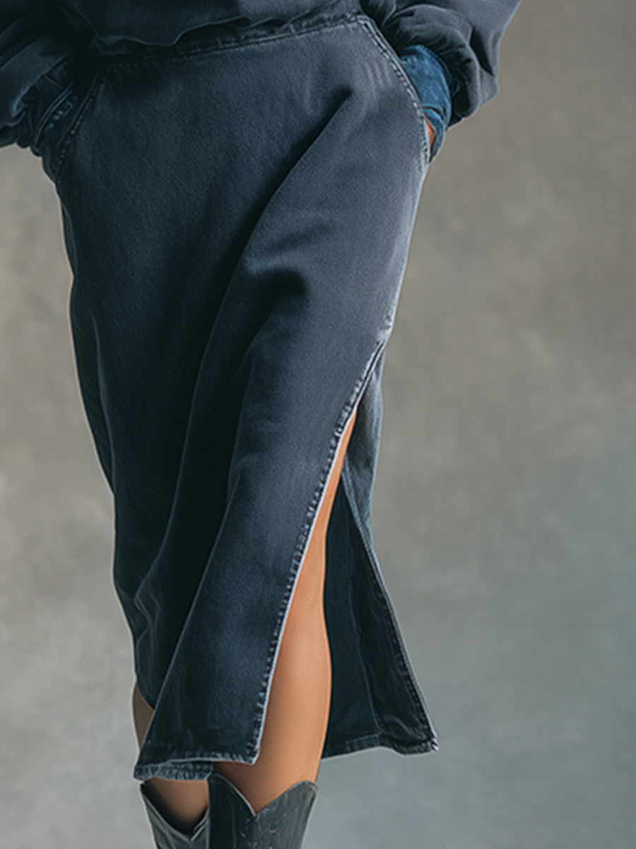 Fashionable Sports Contrast Gray Denim Loose Midi Dress