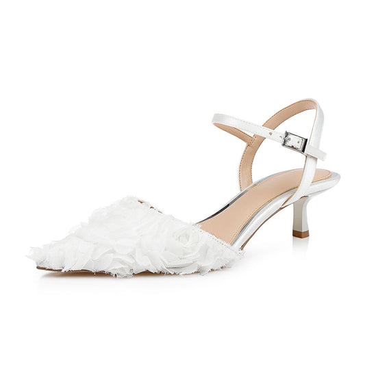 Elegant White Lace Rose Pointed Toe Ankle Strap Wedding Heels