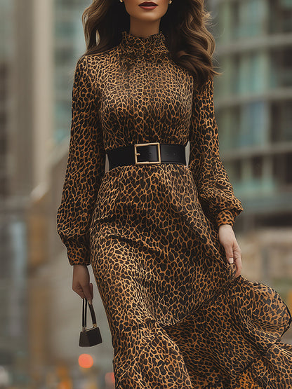 Fierce Elegance Leopard Print Ruffle Maxi Dress