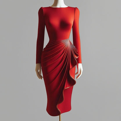 Ursime Elegant Long Sleeve Draped Ruffles Bodycon Midi Dress