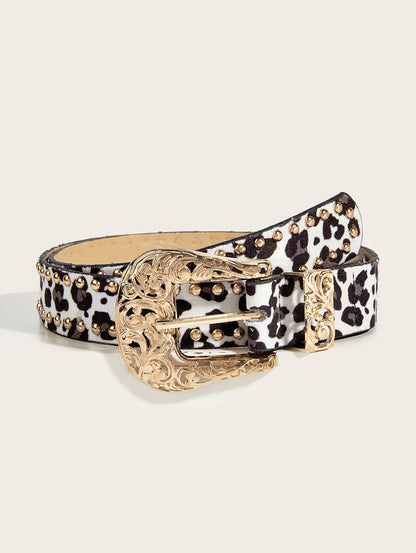 Fashion PU Leather Leopard Pattern Studded Belt