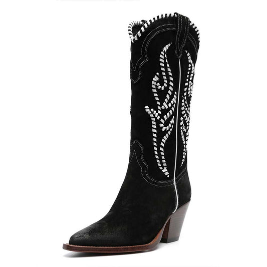 Faux Suede Pointed Ivory Stitched Inlay Wide Calf Cowgirl Boots in Black