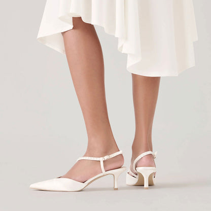 Elegant White Satin Pointed Toe Pearl Ankle Strap Wedding Heels