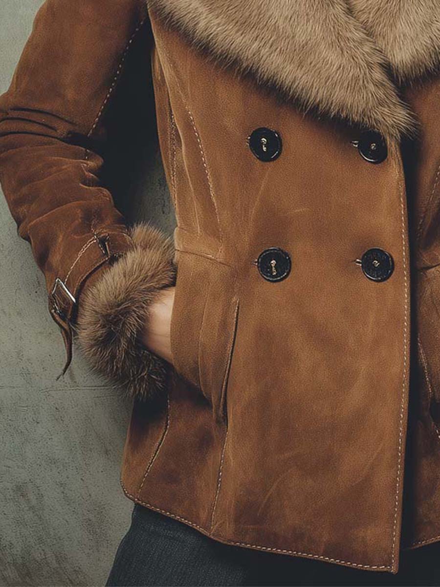 Faux Suede Jacket With Fur Collar & Cuffs