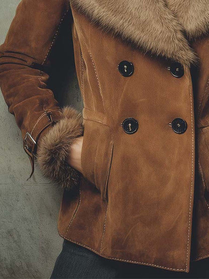 Faux Suede Jacket With Fur Collar & Cuffs