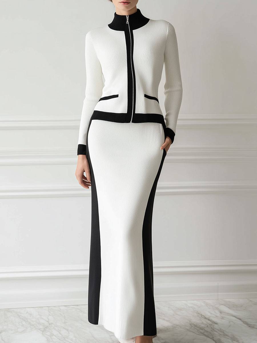Fashionable Workplace Black Trim White Knitted Cardigan Skirt Set