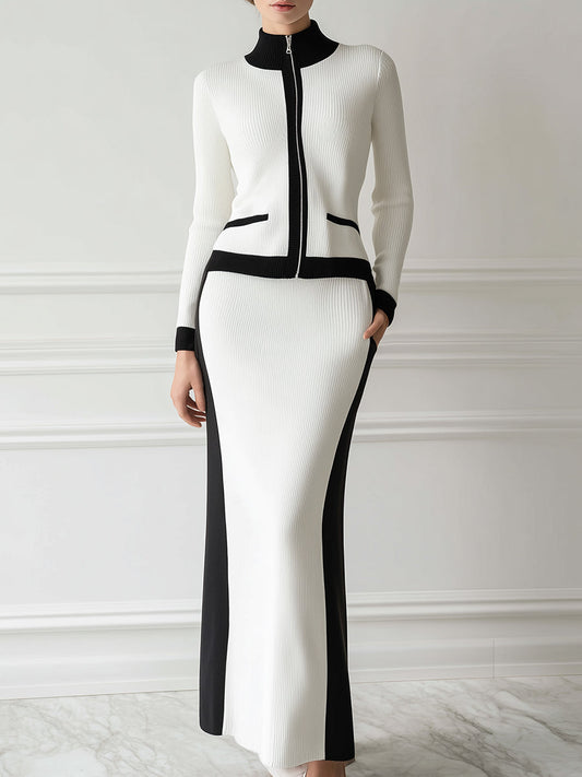 Fashionable Workplace Black Trim White Knitted Cardigan Skirt Set
