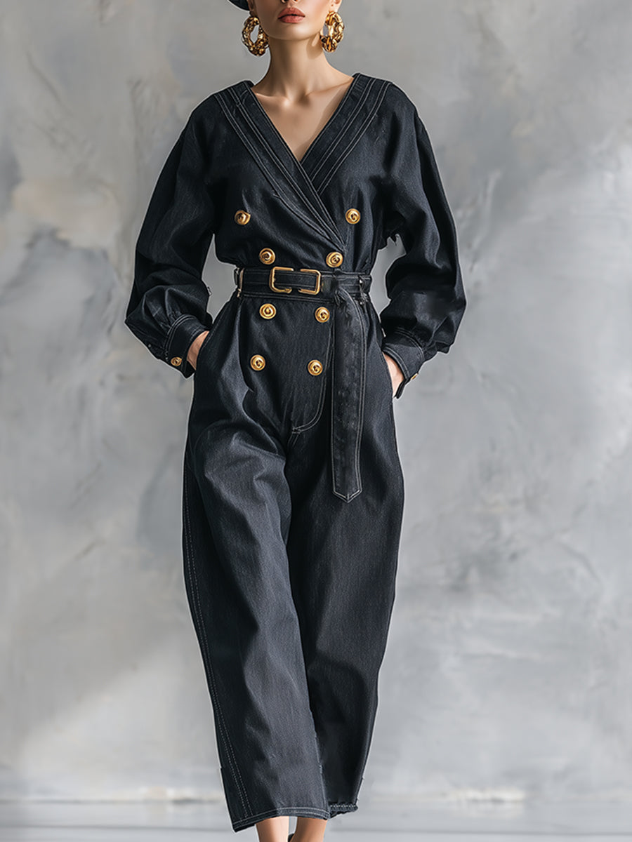 Elegant And Fashionable V-neck Button Belt Black Faux Denim Long-sleeved Jumpsuit