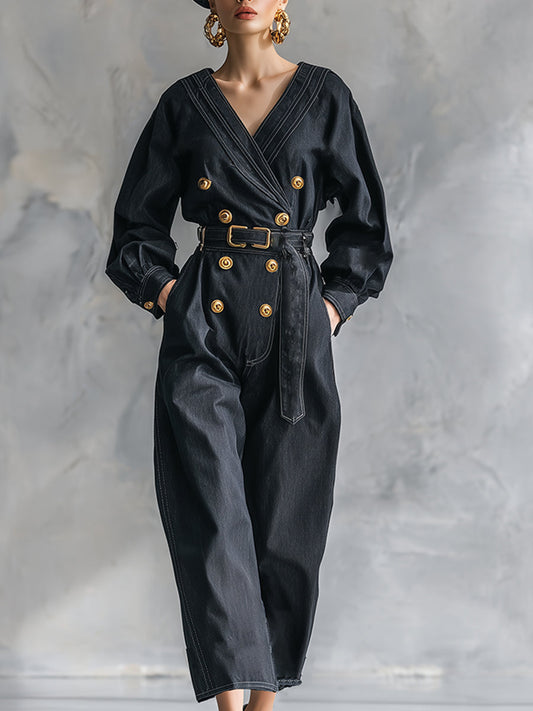 Elegant And Fashionable V-neck Button Belt Black Faux Denim Long-sleeved Jumpsuit