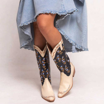 Beige and Navy Floral Embroidered Chunky Heel Wide Calf Cowgirl Boots