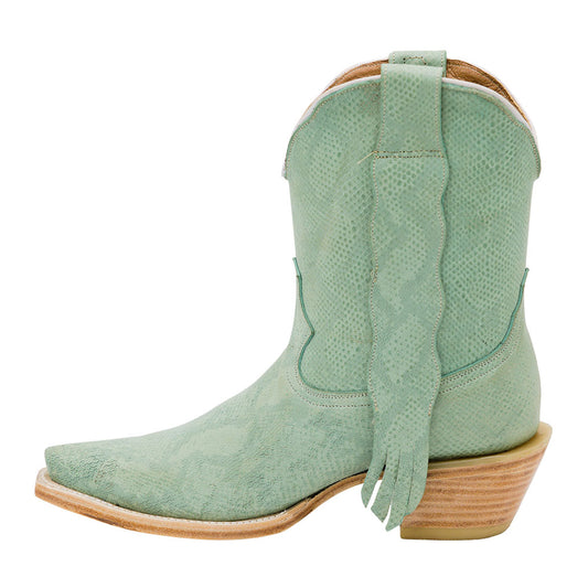 Faux Leather Snip Toe Block Heel Short Green Cowgirl Boots for Women