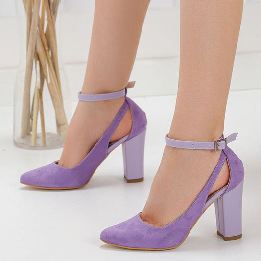 Elegant Purple Almond Toe Chunky Heel Buckle Ankle Strap Pumps Shoes