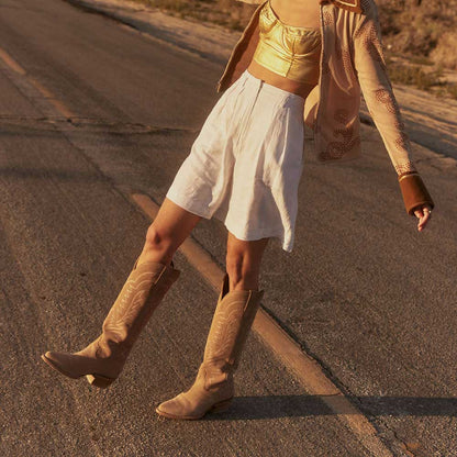 Beige Embroidered Almond Toe Chunky Heel Knee-High Cowgirl Boots