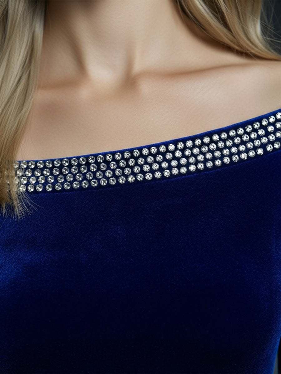 Elegant And Fashionable Boat Neck Rhinestone Trim Royal Blue Velvet Midi Dress