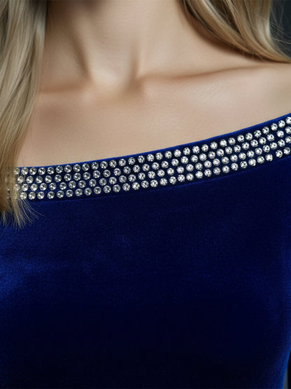 Elegant And Fashionable Boat Neck Rhinestone Trim Royal Blue Velvet Midi Dress
