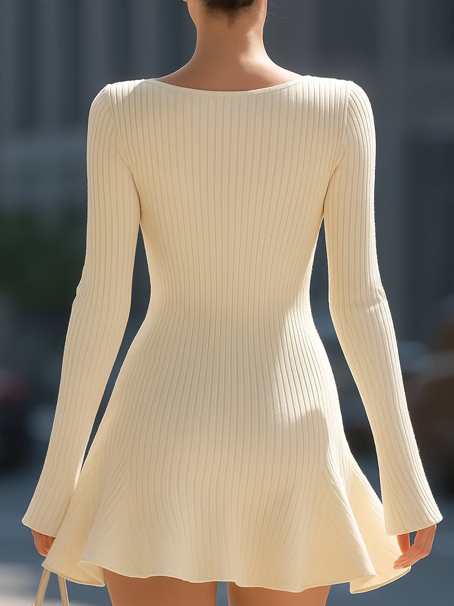 Elegant Cream Ribbed Knit Flare Mini Dress