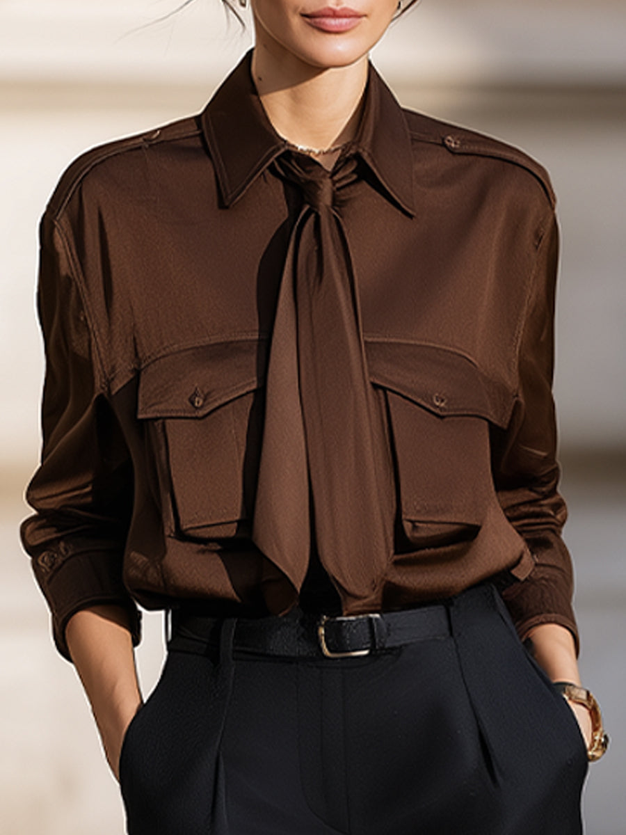 Elegant Brown Tie-Neck Blouse And Black Wide-Leg Trouser Set