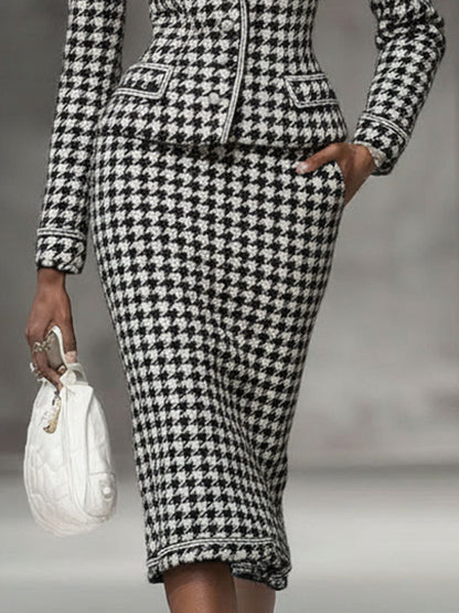 Elegant Black And White Houndstooth Lapel Blazer And Skirt Set