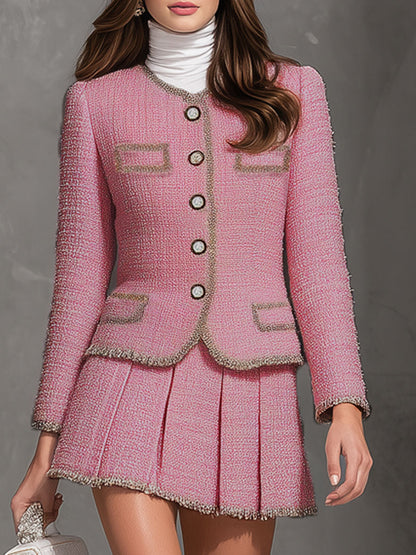 Elegant Textured Fabric Web Jacket And Pleated Skirt Set