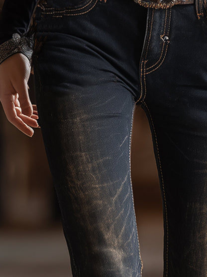 Fashionable Vintage Fur Trim Distressed Black Flared Jeans
