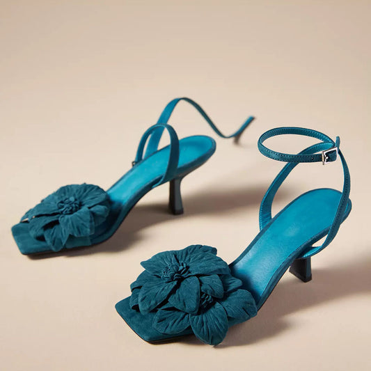 Fashion Teal Square Toe Ankle Strap Heeled Sandals with Floral Decor