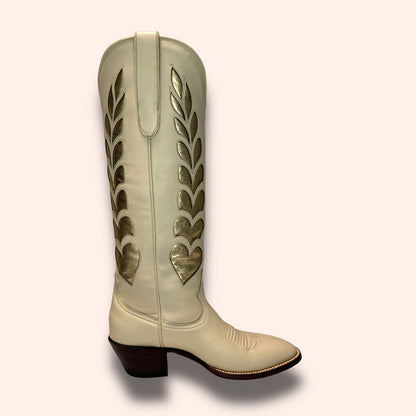 Beige & Gold Heart Inlay Round Toe Chunky Heel Knee-High Cowgirl Boots