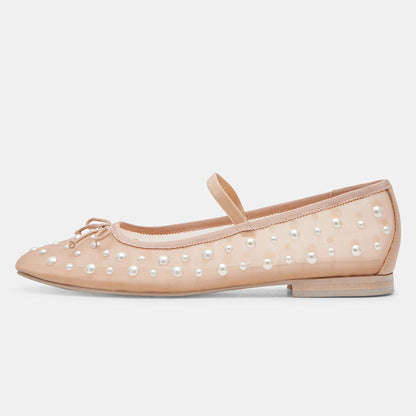 Beige Mesh Round Toe Flat Pearl Sophisticated Embellished Ballet Shoes
