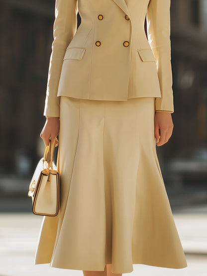 Elegant Beige Double - Breasted Blazer And Midi Skirt Set