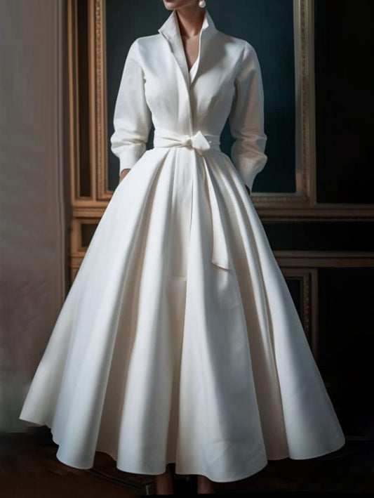 Casual Solid Color Stand Collar Shirt Midi Dress