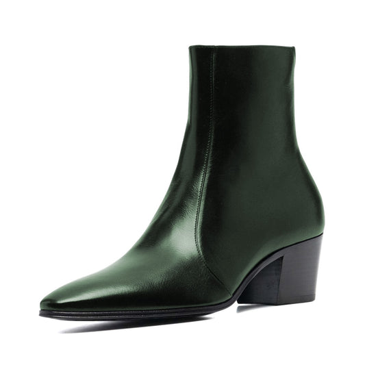 Dark Green Almond Toe Chunky Heel Side Zipper Short Boots for Women